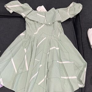 Love Riche Green and White Striped Off-Shoulder Dress